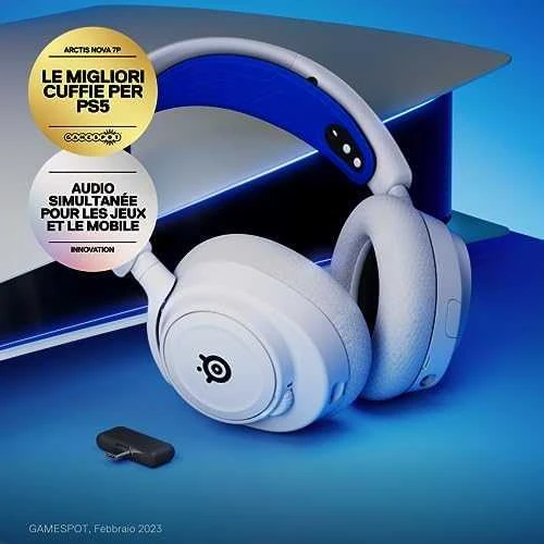 Belaidės ausinės su mikrofonu SteelSeries Arctis Nova 7P Over-Ear, Baltos/Mėlynos spalvos