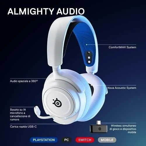 Belaidės ausinės su mikrofonu SteelSeries Arctis Nova 7P Over-Ear, Baltos/Mėlynos spalvos