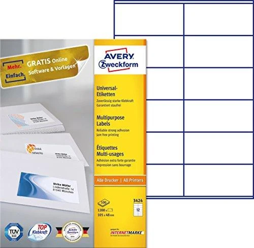 Lipnios etiketės Avery Zweckform, A4, 105x48mm, 12 etikėčių lape, be rėmelio, 100 lapų, baltos spalvos spalvos