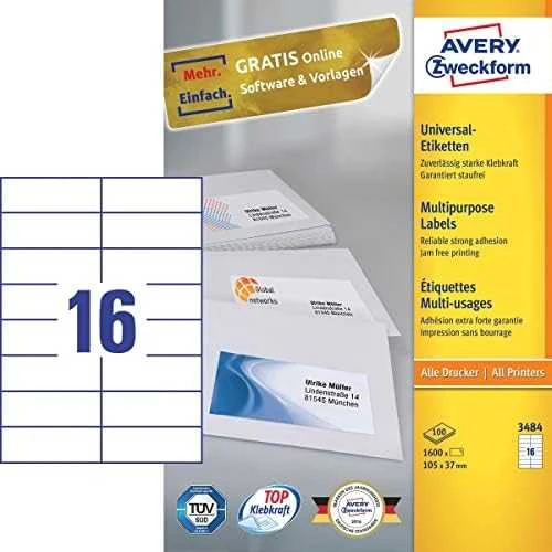 Avery Zweckform universalios etiketės Avery Zweckform 3484, dydis 105 x 37 mm, 1600 etiketės (3484 K)