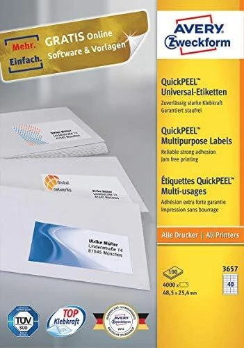 Lipnios etiketės Avery Zweckform, A4, 48,5×25,4mm, 40 etikečių lape, 100 lapų, baltos spalvos