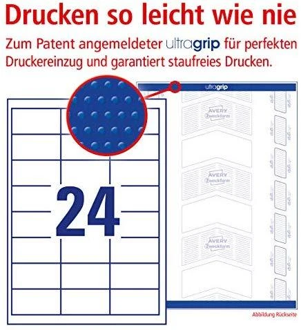 Lipnios etiketės Avery Zweckform, A4, 64.6×33.8, 24 etiketės lape, 100 lapų, baltos spalvos