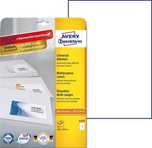 Avery „Zweckform“ universalios bendrosios paskirties etiketės, 210 x 297 mm, baltos, spausdintuvui, 10 vnt. -6125