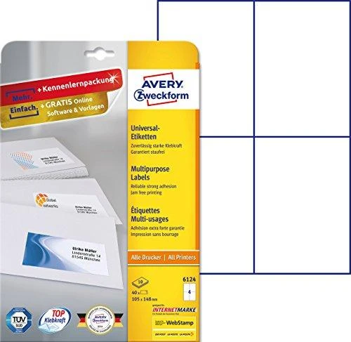 Avery Universalus bendrosios paskirties etiketės, 105 x 148 mm, balta, spausdintuvui, 40 vnt