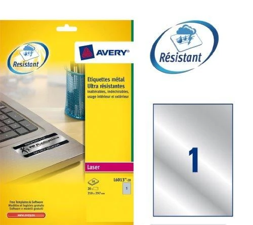 Lipnios etiketės Avery Zweckform, A4, atsparios drėgmei, 210x297mm, 1 etiketė lape, 20 lapų, sidabrinės spalvos