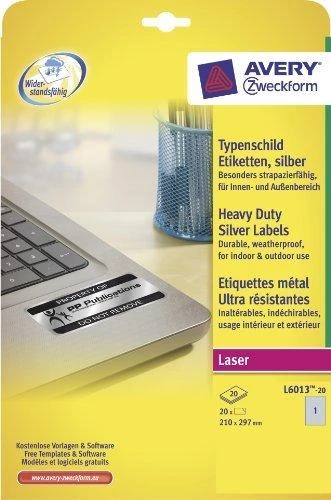 Lipnios etiketės Avery Zweckform, A4, atsparios drėgmei, 210x297mm, 1 etiketė lape, 20 lapų, sidabrinės spalvos