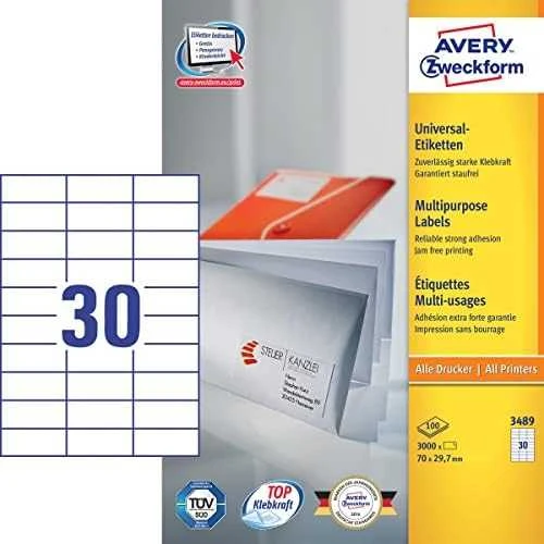 Lipnios etiketės Avery Zweckform, A4, 70×29,7mm, 30 etikečių lape, be rėmelio, 100 lapų, baltos spalvos