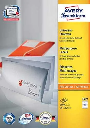 Lipnios etiketės Avery Zweckform, A4, 70×29,7mm, 30 etikečių lape, be rėmelio, 100 lapų, baltos spalvos