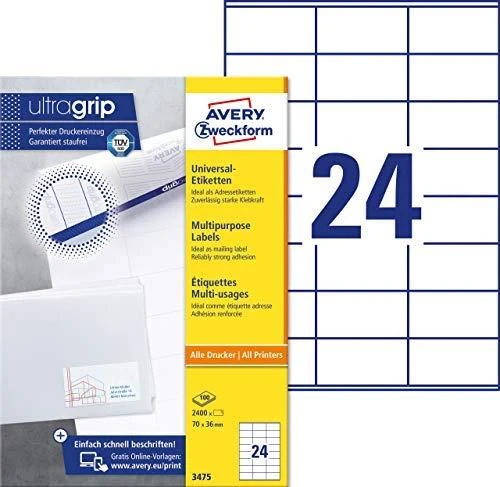Lipnios etiketės Avery Zweckform, A4, 70x36mm, 24 etiketės lape, 100 lapų, baltos spalvos