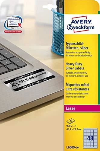 Avery Zweckform etiketės 45,7 mm x 21,2 mm, A4, sidabro, 48 etiketės (L6009-20)