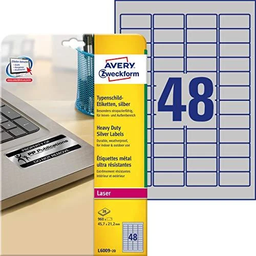 Avery Zweckform etiketės 45,7 mm x 21,2 mm, A4, sidabro, 48 etiketės (L6009-20)