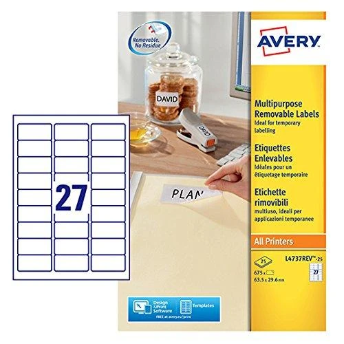 Lipnios etiketės Avery Zweckform, A4, nuimamos, 63.5×29.6mm, 27 etiketės lape, 25 lapai