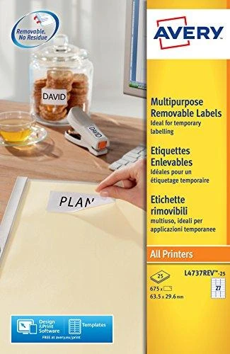 Lipnios etiketės Avery Zweckform, A4, nuimamos, 63.5×29.6mm, 27 etiketės lape, 25 lapai
