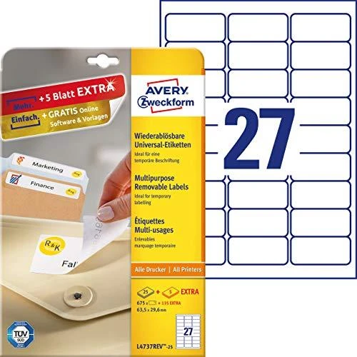 Lipnios etiketės Avery Zweckform, A4, nuimamos, 63.5×29.6mm, 27 etiketės lape, 25 lapai