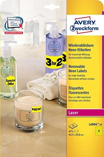 Lipnios etiketės Avery Zweckform, A4, 63.5×29.6mm, 25 lapai, neoninės geltonos spalvos