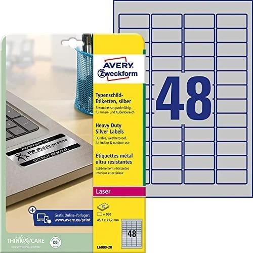 Avery Zweckform etiketės 45,7 mm x 21,2 mm, A4, sidabro, 48 etiketės (L6009-20)
