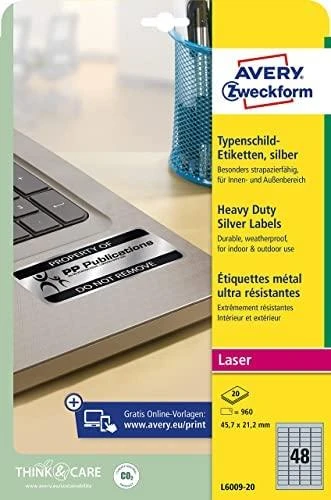 Avery Zweckform etiketės 45,7 mm x 21,2 mm, A4, sidabro, 48 etiketės (L6009-20)