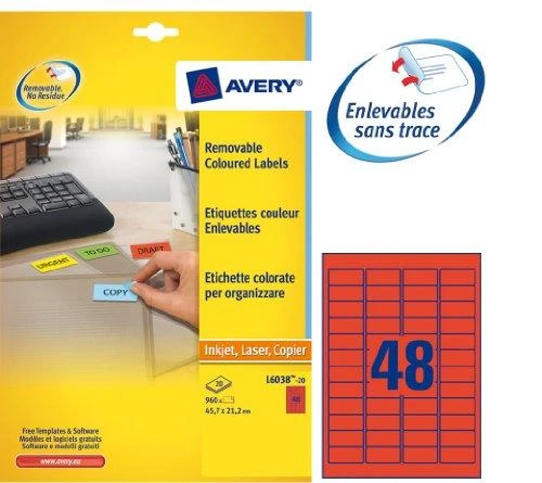 Avery Zweckform Nuimamos spalvos etiketės 45,7 x 21,2 mm raudona (L6038-20)