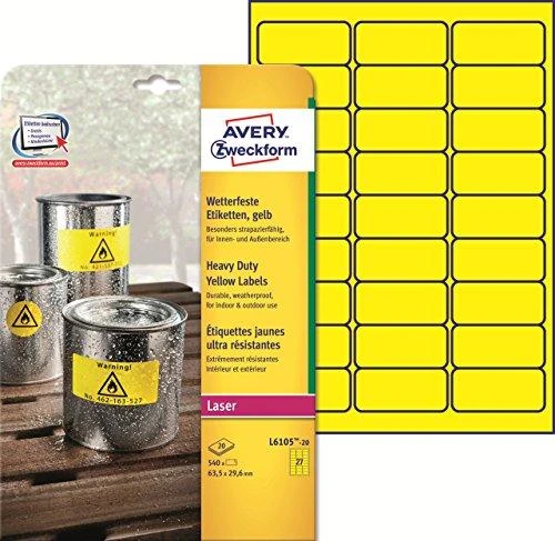 Avery Zweckform Heavy Duty Atsparus vandeniui Labels 63,5 x 29,6 mm geltona (L6105-20)