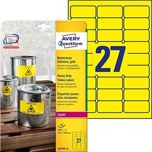 Avery Zweckform Heavy Duty Atsparus vandeniui Labels 63,5 x 29,6 mm geltona (L6105-20)