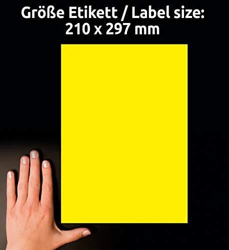 Lipnios etiketės Avery Zweckform, A4, atsparios drėgmei, 210x297mm, 1 etiketė lape, 20 lapų, geltonos spalvos