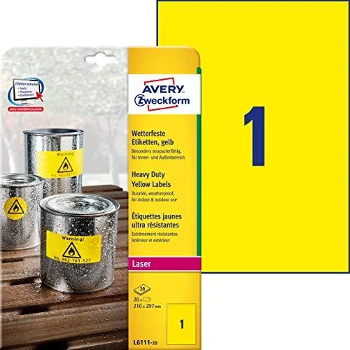 Lipnios etiketės Avery Zweckform, A4, atsparios drėgmei, 210x297mm, 1 etiketė lape, 20 lapų, geltonos spalvos