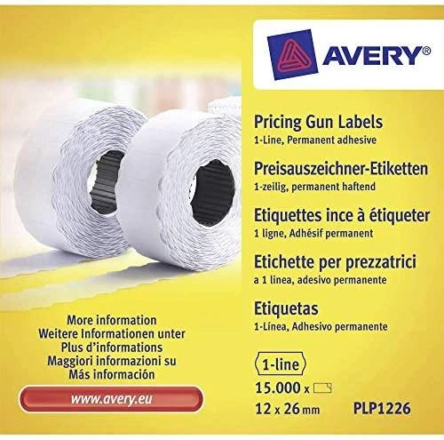 Avery Roll-up kainų etiketės vienos eilės ženklinimo mašinoms; visam laikui; 1500 etikečių / ritinys; 10 ritinių/pak.; 12 x 26 mm, balta