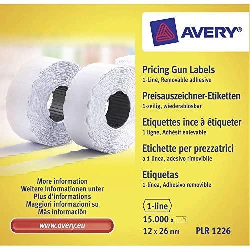 Avery Rulonėlyje kainų etiketės vienaeiliui ženklintuvui; nuimamas; 1500 etikečių / ritinys; 10 ritinių/pak.; 12x26mm, balta