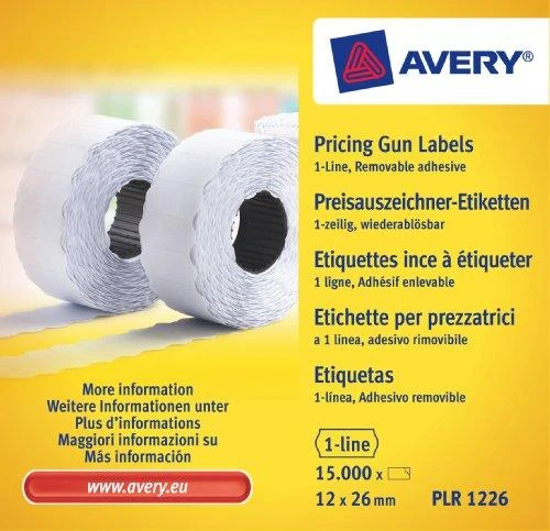 Avery Rulonėlyje kainų etiketės vienaeiliui ženklintuvui; nuimamas; 1500 etikečių / ritinys; 10 ritinių/pak.; 12x26mm, balta