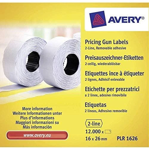 „Avery Price“ etiketės, susuktos dviejų eilučių etikečių klijavimui; nuimamas; 1200 etikečių / ritinys; 10 ritinių/pak.; 16 x 26 mm, balta