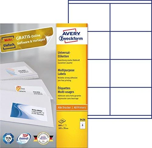 Lipnios etiketės Avery Zweckform, A4, 105x70mm, 8 etiketės lape, su rėmeliu, 100 lapų, baltos spalvos