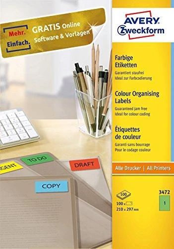 Lipnios etiketės Avery Zweckform, A4, 210x297mm, 1 etiketė lape, 100 lapų, žalios spalvos