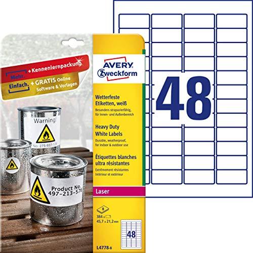 Avery Heavy Duty vandeniui atsparios etiketės, 45,7 x 21,2 mm, balta, spausdintuvui, 384 vnt.
