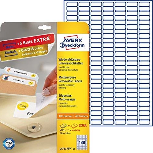 Lipnios etiketės Avery Zweckform, A4, 25.4x10mm, nuimamos, 189 etiketės lape, 25 lapai