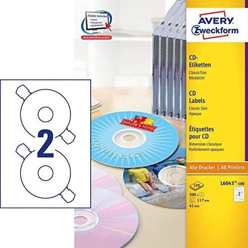 Lipnios etiketės Avery Zweckform CD, A4, 117mm, 2 etiketės lape, 100 lapų, baltos spalvos