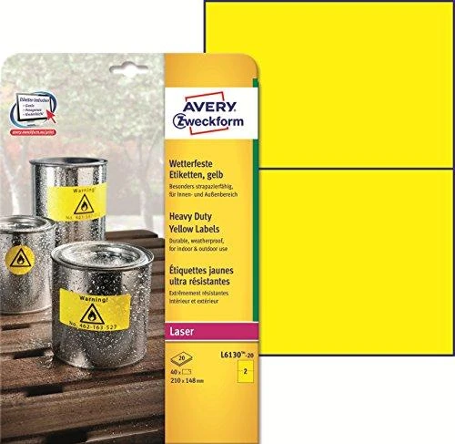 Avery Zweckform vandeniui atsparios etiketės, didelės apkrovos 210 x 148 mm geltonos (L6130-20)