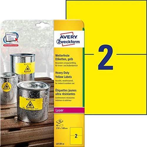 Avery Zweckform vandeniui atsparios etiketės, didelės apkrovos 210 x 148 mm geltonos (L6130-20)