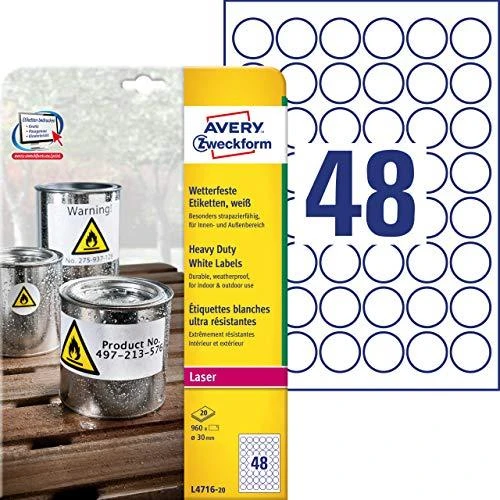 Apvalios lipnios etiketės Avery Zweckform, A4, atsparios drėgmei, 30mm, 48 etiketės lape, 20 lapų, baltos spalvos
