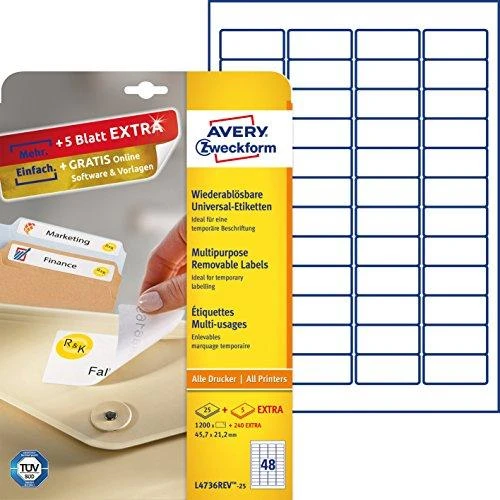 Lipnios etiketės Avery Zweckform, A4, nuimamos, 45.7×21.2mm, 48 etiketės lape, 25 lapai
