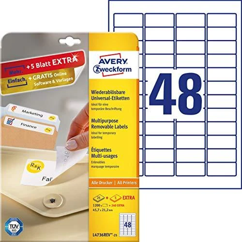 Lipnios etiketės Avery Zweckform, A4, nuimamos, 45.7×21.2mm, 48 etiketės lape, 25 lapai
