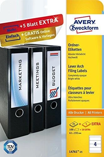 Lipnios etiketės segtuvams Avery Zweckform, A4, 192x61mm, pakuotėje 25 lapai, baltos spalvos