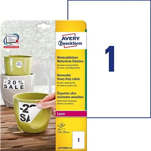 Lipnios etiketės Avery Zweckform, A4, atsparios drėgmei, 210x297mm, 1 etiketė lape, 20 lapų, nuklijuojamos, baltos spalvos