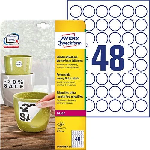 „Avery Zweckform“ nuimamos vandeniui atsparios etiketės, didelės apkrovos Ø 30 mm (L4716REV-20)