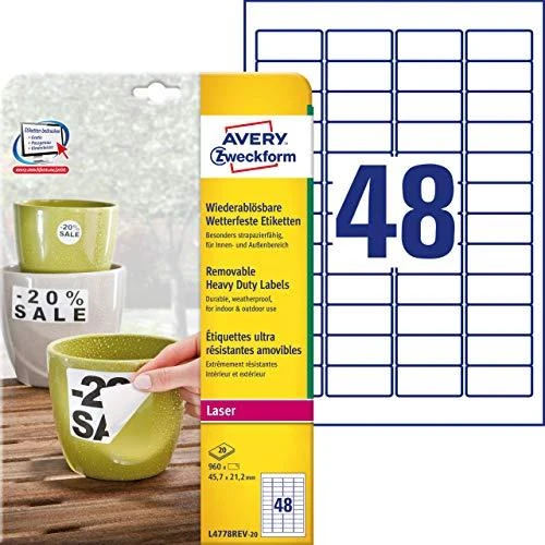 „Avery Heavy Duty“ nuimamos vandeniui atsparios etiketės 45,7 x 21,2 mm Balta spausdintuvui 960 vnt