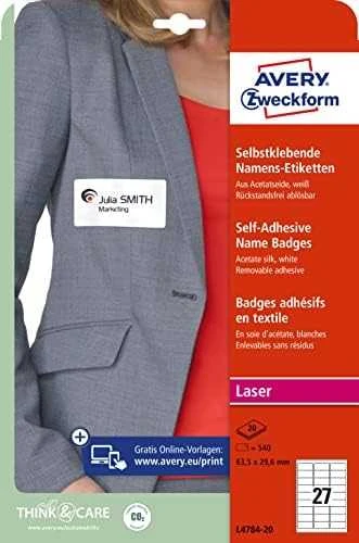 Etiketiniai vardų lipdukai Avery Zweckform, A4, 63,5×29,6mm, 27 etiketės lape, 20 lapų, baltos spalvos