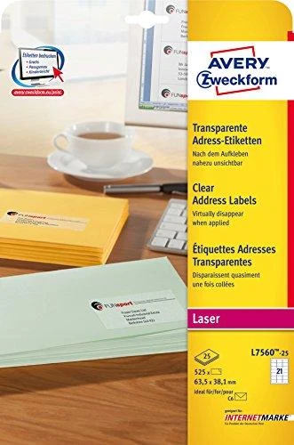 Skaidrios lipnios etiketės Avery Zweckform, A4, 63,5×38,1mm, 21 etiketės lape, 25 lapai