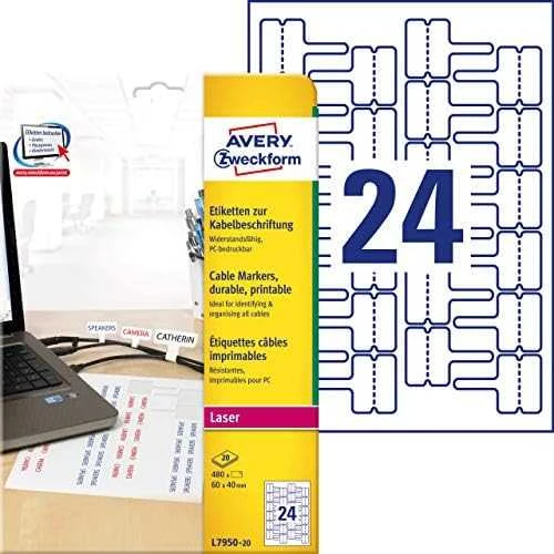Avery Zweckform LABEL.ZF 7950 60X40 24/A4 KABELIO ŽYMĖJIMO ETIKETĖ - L7950-20