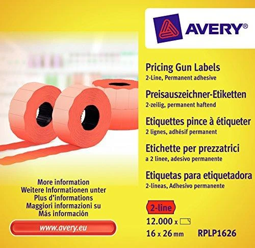 Avery Rulonėlyje kainų etiketės dvieiliui ženklintuvui; visam laikui; 1200 etikečių / ritinys; 10 ritinių/pak.; 16 x 26 mm, raudona