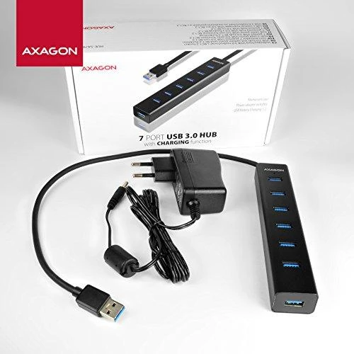AXAGON HUE-SA7BP 7x USB3.0 ALU įkrovimo šakutė, įsk. AC Adapteris, Juodas