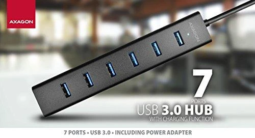 AXAGON HUE-SA7BP 7x USB3.0 ALU įkrovimo šakutė, įsk. AC Adapteris, Juodas